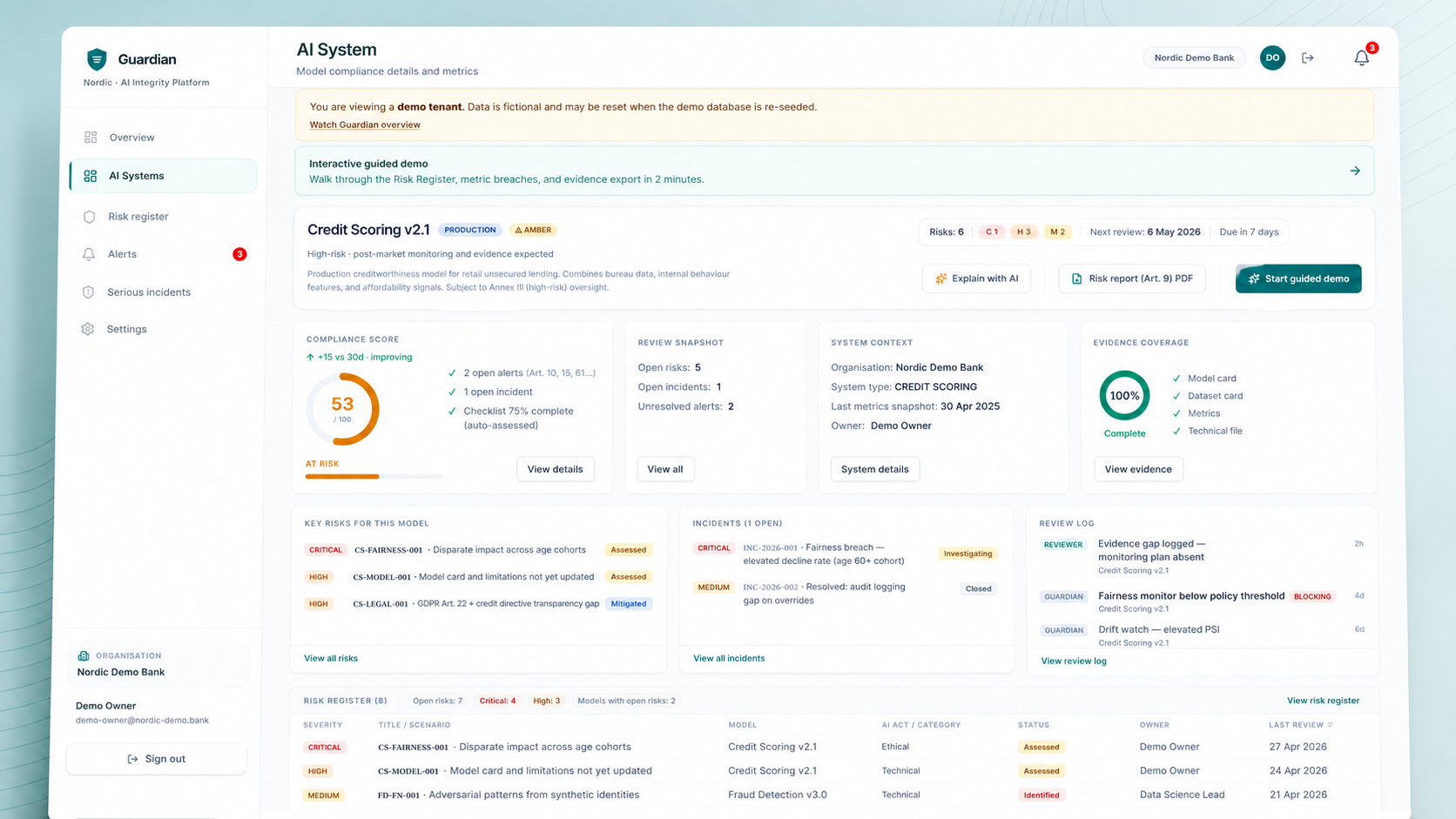 Guardian: in-scope AI system view with compliance posture, review snapshot, evidence coverage, and risk register—illustrative product UI.